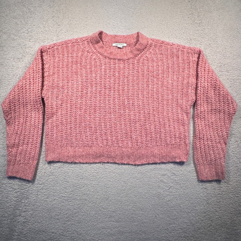 American Eagle Pink Knit Cropped‎ Sweater XS Extra Small Crewneck Pullover